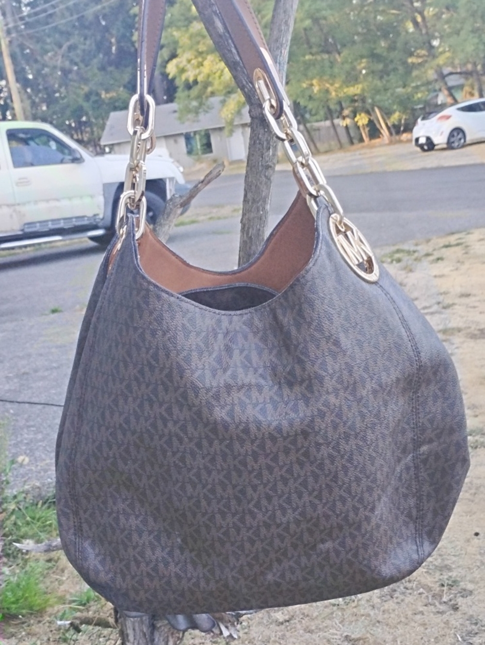 Michael Kors Brown Logo-Print Hobo with Gold Hardware